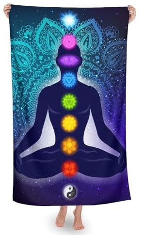 Serviette De Plage, Neuf Chakra Yoga Méditation Lotus Bleu Mandala Serviettes De Toilette Microfibre Serviettes À Sauna Absorbantes Serviette pour Spa Maison Douche 80X130Cm