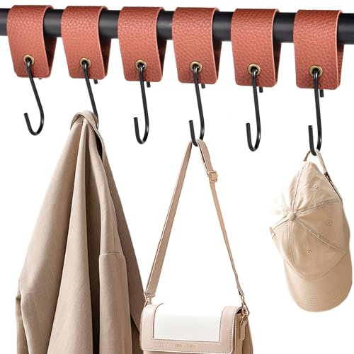 XHTXHT 6 Stück S Haken mit Lederschlaufe,haken für Kleiderstange Haken Garderobe Kleiderhaken Metallhaken für Garderobe Küche Badezimmer Camping (Braun)