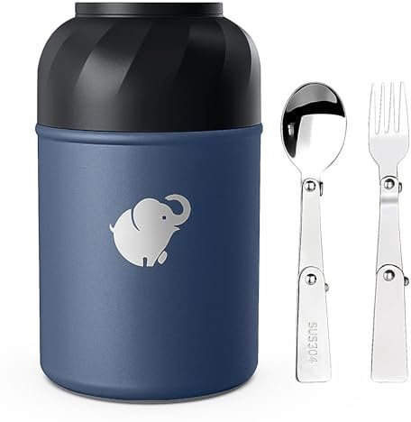 HOUSETEC Food Flask- Thermo Food Flask with Foldable Fork and Spoon with Handle for Indoors Outdoors (Dark Blue, 500ML)