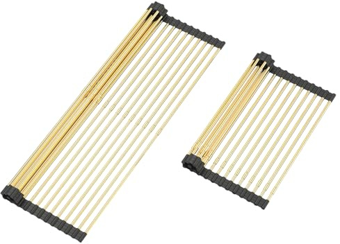 ARAINY Großes Teleskop-Abtropffläche, goldfarben, aufrollbar, hitzebeständig, Abtropfgestell für Edelstahl-Spülen, rutschfestes Silikon-Abtropfgestell, Rollgestell, 18 Rohre, 32 - 54 x 32 cm