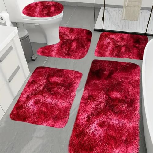 Heavyoff Badezimmerteppich Set 5 Teilig, Mikrofaser Saugfähige Badewannenmatte und WC Vorleger, Antirutschmatte Badewanne, Maschinenwaschbar Badvorleger für Badezimmer, Batik Rot