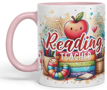 Vixar Reading Teacher Mug Thank You, End of School Gift Ceramic Coloured Mug Cup for Tea Coffee Hot Brew 330ml 11Oz Gift (Pink)