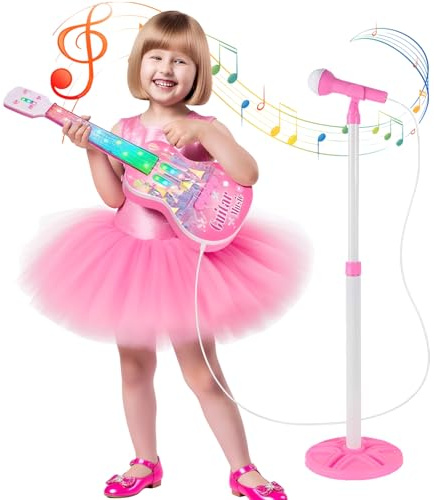 Guitar and Microphone Set for Kids,Guitar Toys with Music&Colorful Light,Beginner Musical Toys with 4 Strings,Adjustable Height Microphone with Stand for Boys and Girls (Pink B)