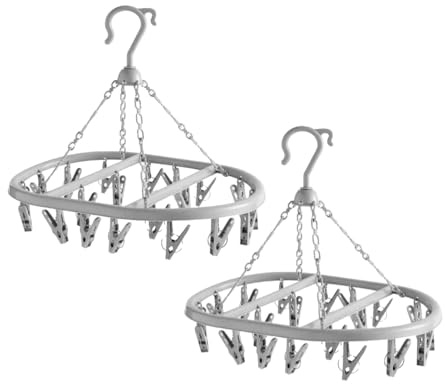 Lizzy 2 x 20 Pegs Washing Clothes Rack | Circular Laundry Hanger Airer for Socks, Gloves, Towel| Plastic Small Item Dryer with Rotating Hook & Windproof Clips for Indoor Outdoor Use (2, Grey)