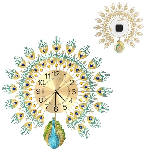 Wanduhr Pfau 3D Metall Uhr Leise - 60cm Große-Wanduhr mit Diamant Dekor, Präzisions Quartzwerk (Batteriebetrieben), Geräuschlos für Wohnzimmer Schlafzimmer (Bunt, Hochwertige Aluminium Zeiger)