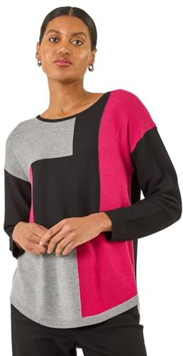 Roman Originals Women Colour Block Ribbed Jumper - Ladies Spring Everyday Summer Holiday Round Neckline Comfy Curved Hem Soft Vacation Jumpers
