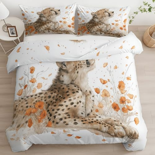 CozyRest Bettwäsche Set Kind Wende Atmungsaktive Bettbezug Set, Gepard Aquarell Wildtiere Muster, Flauschige Bettbezug mit Reißverschluss und 40x60cm Kissenbezug