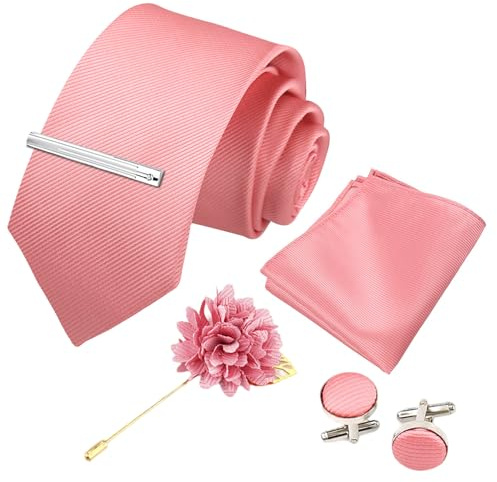 Xynovate Einfarbige Krawatte, Herren krawatte, Herrenfliege und Einstecktuch mit Manschettenknöpfen Set, Klassische Formelle Elegante Krawatte für Business, Hochzeit, Feier, Weihnachten，Rosa-2