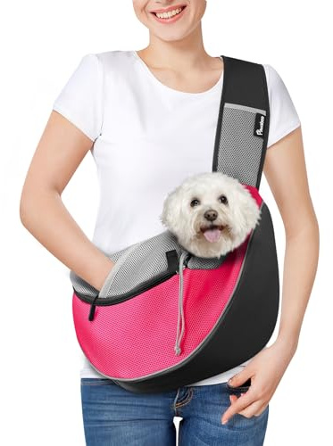 Pawaboo Haustier-Hundetragetasche, Freihändige, Atmungsaktive Mesh-Welpentragetasche, Hundetragetasche mit Reißverschlusstasche und Verstellbarem Gurt, Umhängetasche für Hunde, L, Rosa