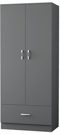 Nera 2 Door Wardrobe with Drawer 76cm Wide Bedroom Furniture with Hanging Rail and Storage Shelf Storage Cabinet (1 Drawer Matt Grey)