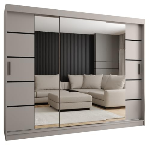 Kryspol - Schwebetürenschrank - Kleiderschrank mit Spiegel - Kleiderschrank 250 cm Breit x 200cm(H) x 62cm(T), 3 Türen, Laminierte Möbelplatte, Schiebetürenschrank Rubino V4 250, Farbe Kaschmir