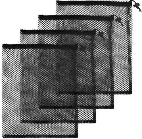 FIGCY Lot de 4 Sacs en Filet avec Cordon de Serrage, Grands Sacs à Mailles pour Plage, Piscine, Jouets de Sable, Sport et Voyage, 35x40 cm, Noir