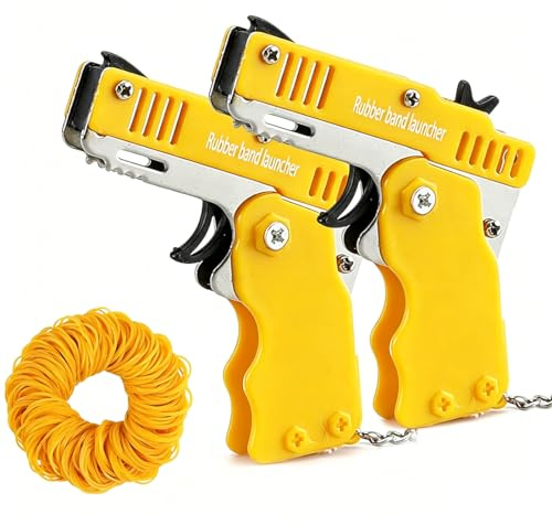QKUDNGHY 2pcs Rubber Band Launcher Toy Keychain Mini Metal Folding Rubber Launcher Toy Elastic Rubber Bands for Game Outdoor Activities (2pcs Yellow)