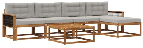 vidaXL Outdoor-Sofagarnitur mit Kissen 6 pcs Natur und Hellgrau, Patio-Lounge-Set, modernes Outdoor-Sofa, wetterfestes Gartenmöbel, Akazienholz