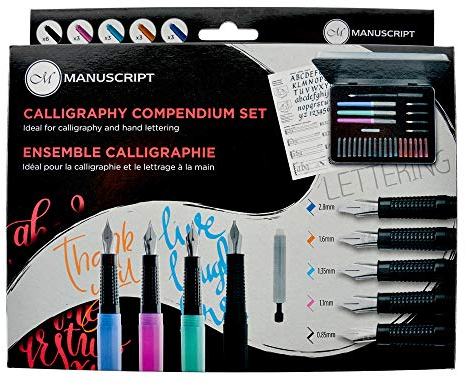 MANUSCRIPT Calligraphy Compendium Set - 29 pieces - 4 Dodec fountain pens, 5 quality nibs, 18 assorted ink cartridges - a perfect introduction to calligraphy and lettering!,Black