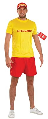Fun Shack Rettungsschwimmer Kostüm Herren, Halloween Kostüm Herren | Hose, T-Shirt & Cap, Roter Bademeister-Look, Zum Überziehen, Perfekt für Halloween, Ideal zum Verkleiden