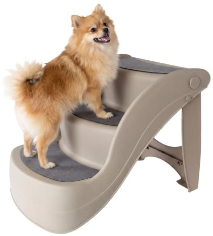 Pet Stairs - Durable Dog Stairs for Small Dogs with 3-Step Design and Safety Locking Pins - Cat or Dog Steps for Home and Vehicle by PETMAKER (Tan)