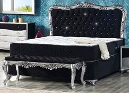 Casa Padrino Barock Samt Bett Schwarz/Silber - Prunkvolles Doppelbett mit Glitzersteinen und Matratze - Barock Schlafzimmer Möbel