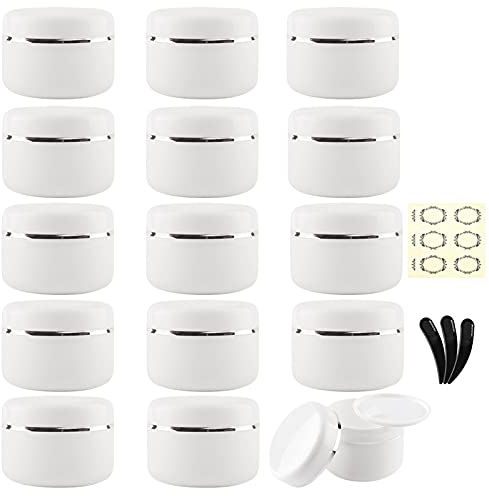Yalbdopo 15Pcs 30ml/30g White Cosmetic Sample Jars with 3Pcs Mini Spatulas & Labels, Plastic Refillable Travel Pot Containers with Silver Dome Lids & Inner Liners for Makeup Creams Beauty Nails