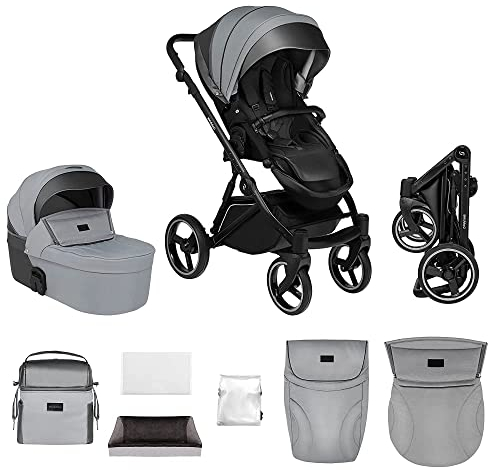 skiddoü 2in1 Oslo, Buggy und Babywanne, multifunktional, Kinderwagen, klappbares Gestell, regulierbar, stoßgedämpfte Räder, Moskitonetz, Fußschutz, Regenschutzfolie, Tasche, hellgrau