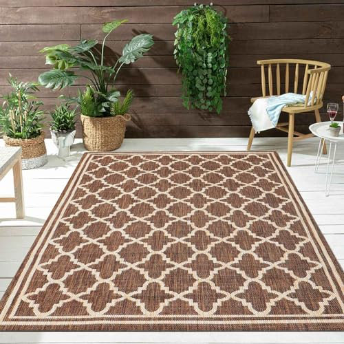 VIMODA Teppich In- und Outdoor Flachgewebe Terrasse Balkon Wetterfest Wintergarten Robust Marokkanisch geprägtes Design, Farbe:Braun, Maße:120x160 cm
