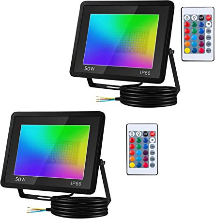 Tubiaz Projecteur LED RGB Exterieur, 50W RGB Spot LED de Couleurs 16 Couleurs 4 Modes avec Télécommande, Fonction Mémoir IP66 Etanche Pour Paysager,Décoratif(2 Pack, Pas de prise)