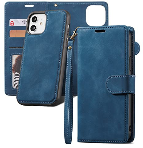 QLTYPRI Case for iPhone 12/12 Pro,2 in 1 Detachable Wallet Case PU Leather with [Card Slots] [Kickstand][Wrist Strap][Magnetic Closure] Shockproof Flip Cover for iPhone 12/12 Pro(6.1 inch) - Blue