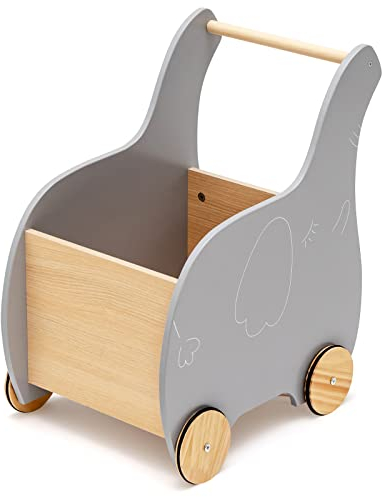 DREAMADE 2 in 1 Lauflernwagen aus Holz, Lauflernhilfe mit Stauraum, Spielzeugkiste, Gehhilfe, Gehfrei, Baby Push Pull Wagen Spielzeug, Laufwagen für Babys, Jungs und Mädchen (Grau - Elefant)
