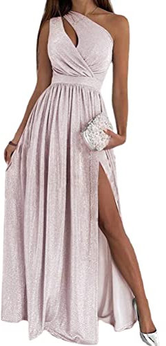 ORANDESIGNE Vestito da Cerimonia Donna Elegante Lungo Estivo con Payet da Sera Abito Swing Curvy Maxi Vestitino Cocktail Ballo Abiti Party Festa a Rosa M