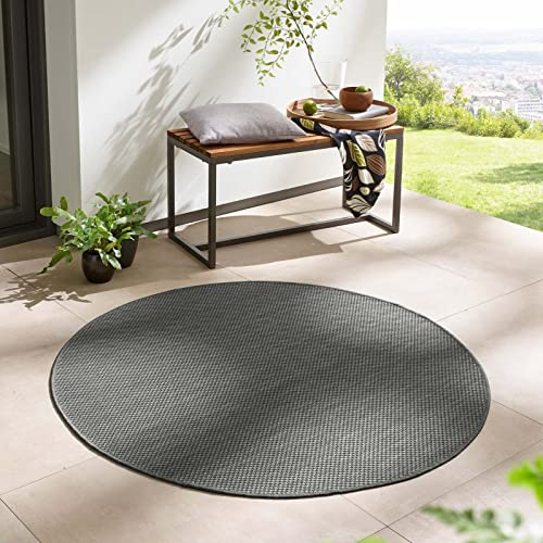Taracarpet In- & Outdoor Teppich Wetterfest Wohnzimmer Balkon Küchenteppich Flachgewebe sisaloptik meliert Einfarbig Uni anthrazit dunkelgrau 160x160 cm rund