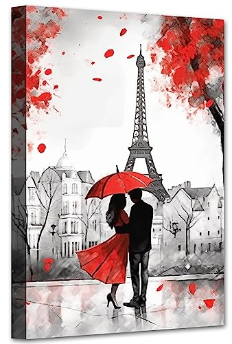 LZIMU Paris Bild auf Leinwand schwarzes und rotes Paar mit Regenschirm Bild Eiffelturm Ölgemälde Drucke romantische moderne Kunstwerke Wanddekoration Gerahmt (30x45cm)