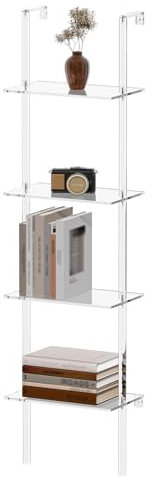 CRTERICX Piccola libreria a scala in acrilico, 24,1 cm di profondità x 39,6 cm di larghezza, a 4 ripiani, trasparente, da parete, per piccoli spazi, libreria multiuso per soggiorno, bagno, ufficio,