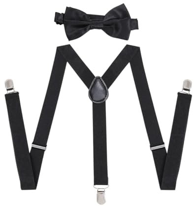 Fokecci Fliege Schwarz Hosenträger Set Herren Einstellbar Damen Y-shaped mit 3 Stark Clips