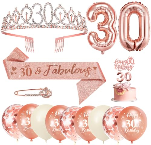 30 Anni Decorazioni Compleanno Donna, 30° Fusciacca e Diadema Oro Rosa Compleanno, Happy Birthday Cake Topper, Candele di Compleanno Numero e Palloncini, Regalo Donna 30 Anni