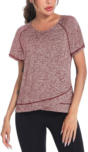 Terecey Sport Tshirt Damen Fitness Shirt Lang Yoga Shirt Lang Funktionsshirt Atmungsaktives Sport Tshirt Trainingsshirt Laufshirt für Wandern Trekking Gym Rot