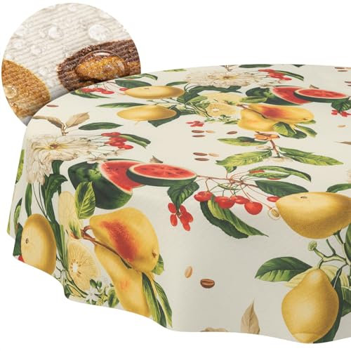 Tischdecke Stoff abwaschbar Tischtuch Tafeldecke pflegeleicht Lotuseffekt schmutz- & wasserabweisend für Indoor Outdoor Tischdecke Rund 140cm Schnittkante Sandias