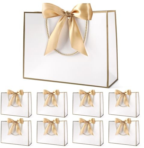 Geschenktüte mit Schleife,Geschenktüte Weiß,Geschenktaschen für Geburtstag, Hochzeit, Festivalfeier, Weihnachten,32 x 25 x 10cm, (Weiß, 8 Stück) (white-gold ribbon)