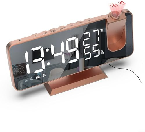 Whychstore Digitale Projektionsuhr, digitaler Radiowecker mit LED-Spiegelbildschirm und 180° verstellbarem Projektor für einfaches Ablesen der Zeit (Roségold)