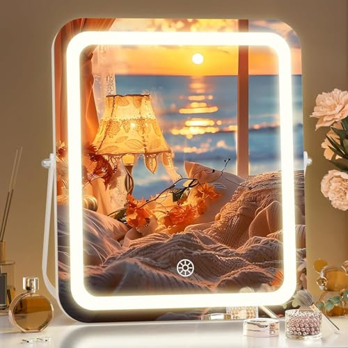 Hasipu Kosmetikspiegel mit Beleuchtung, 25 x 30cm LED Schminkspiegel, 3 Lichtmodi, Smart Touch Control dimmbar, 360ーRotation, rechteckiger weißer Rahmen