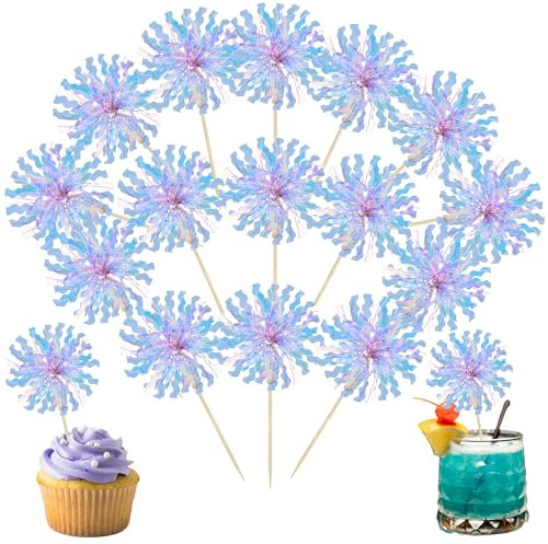 Ephlyn 30Pcs Foil Firework Cupcake Toppers Party Birthday Cake Toppers Supplies Sparkle Tinsel Cocktail Fruit Toothpick for Birthday Wedding Graduation Party Light Blue