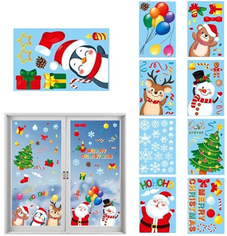 Vetrofanie natalizie,Vetrofanie natalizie per vetro,Decorazioni statiche per adesivi per finestre con Babbo Natale | Si attacca alla finestra con fiocchi di neve invernali per vetri per feste natalizi