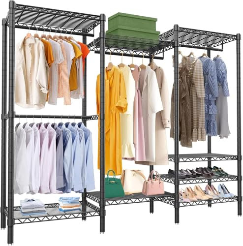 GT GETCO TECH Schwerlast Kleiderständer, Begehbarer Kleiderschrank, Multifunktionaler Schlafzimmer Kleiderständer mit 5 Kleiderbügeln, 8 Einlegeböden, Einstellbare Offener Kleiderschrank, Schwarz