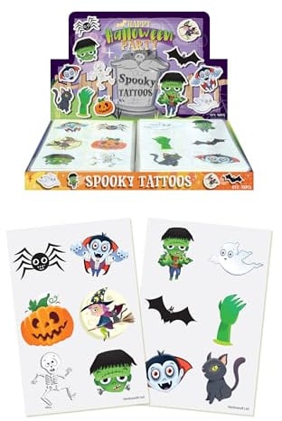 Henbrandt 288 x Mini Halloween Temporary Tattoos for Children 12pc Packs Kids Halloween Party Bag Favours Loot Bag Fillers Spooky Lucky Dip Trick or Treat Favours for Boys and Girls