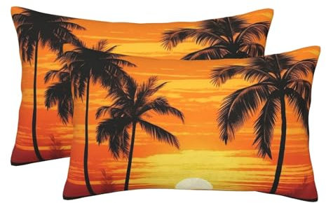 Small/Standard/Queen Pillowcases Set of 2, Tropical Palm Trees Scene Sunset Pillow Cases for Hair and Skin, Super Soft Pillow Case Covers with Hidden Zipper, 16x24 Pillow Covers for Sleeping Gift