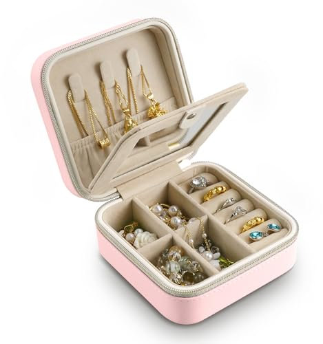 Lammcou Reise Schmuckkästchen, Kleine Tragbare Schmuckschautulle für Unterwegs Schmuckaufbewahrung Organizer von Halskette Ring Armband Schmuck Reiseetui mit Spiegel für Damen jewelery box (Pink)
