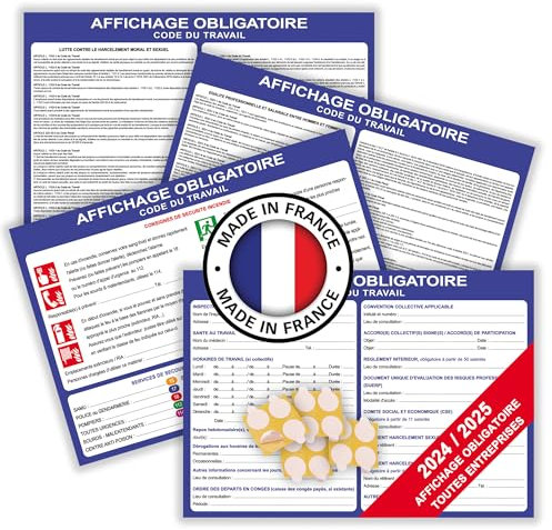 Panneaux affichage obligatoire entreprise 2024 2025 - Affichage réglementaire entreprise code du travail - Affichage obligatoire format A4 (x4) pour écriture permanente + pastilles adhésives