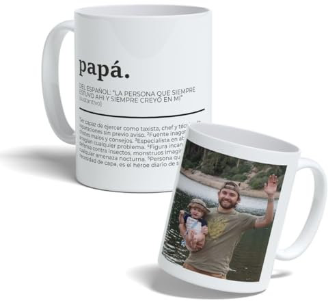 DEREGALOOS Taza de cerámica Personalizada para Padres. Taza Personalizada Regalo día del Padre. Regalo Original Personalizado para hombre. Tazas divertidas. (Definición de papá)