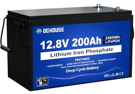 DCHOUSE batteria al litio 12V 200Ah LiFePO4, protezione a bassa temperatura, 4000-10000 cicli, potenza massima 2560Wh, ideale per camper, energia solare, roulotte, rete elettrica indipendente