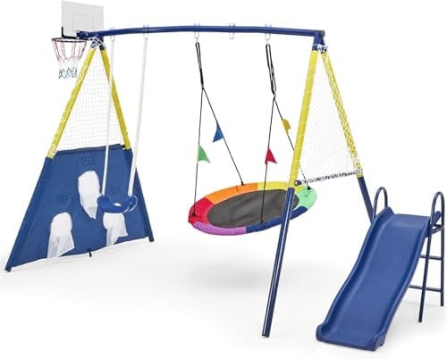 Aptliton Kids Swing set with Metal Frame, Nest Tree and Plastic Single Swing, Basketball Hoop, Slide, Backyard Playground Outdoor Play Frame Toy for children, Over 3 Years Old, Yellow and Blue