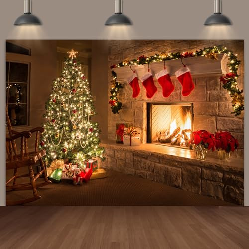 Velvet Fireplace Christmas Backdrop 7x5ft, Xmas Fireplace Photography Background, for Family Party Happy New Year Decoration